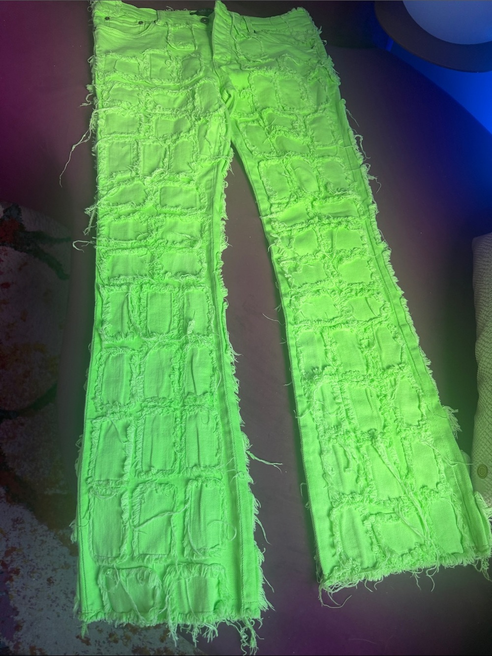 Valabasas 36 Neon Green Distressed Patchwork Flared Jeans